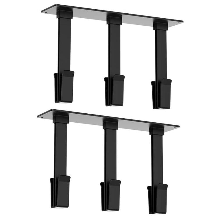 Under-cabinet inverted cup holder rack, black, two rows of 3 holders with angled arms