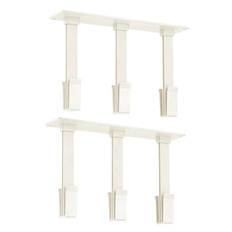 Under-cabinet inverted cup holder rack, white, two rows of 3 holders with angled arms