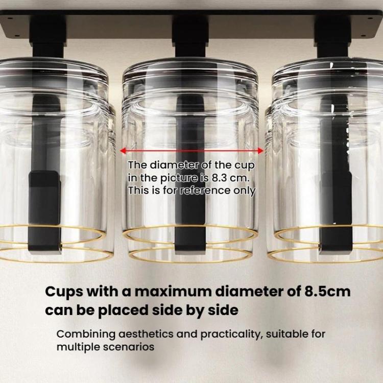 Inverted cup holder rack with clear cups and black holder clips, close-up