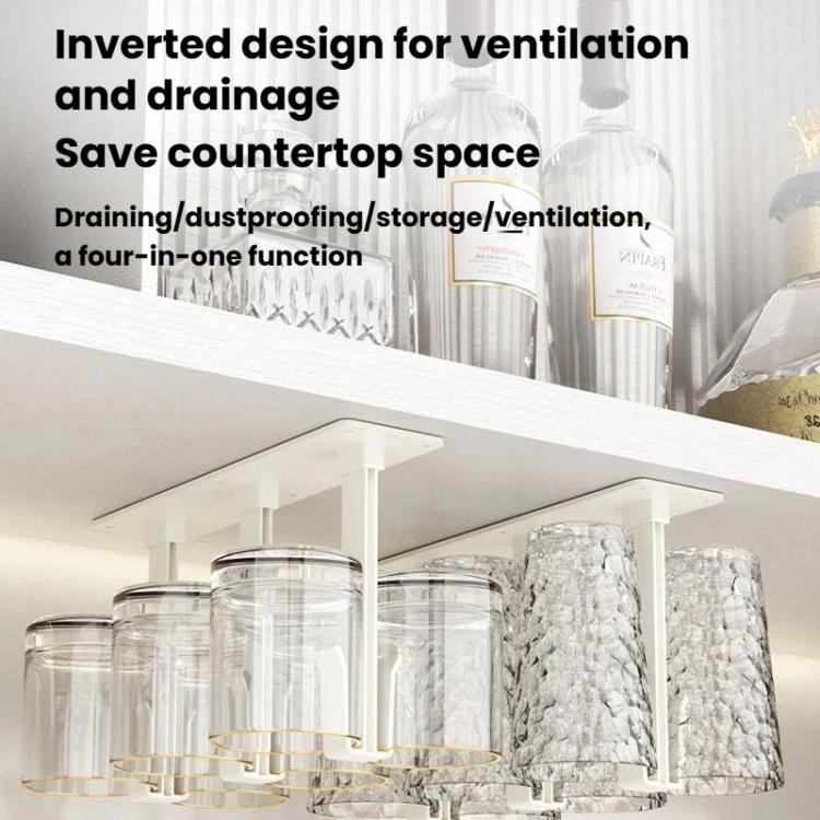 White under-cabinet cup holder rack holding inverted clear cups beside bottles