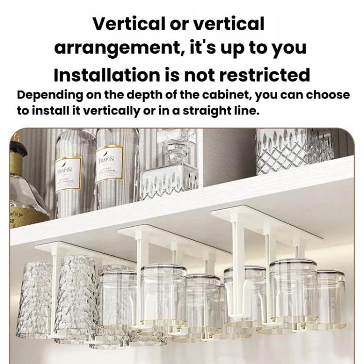 White under-cabinet cup holder rack with inverted clear glasses arranged along the bar