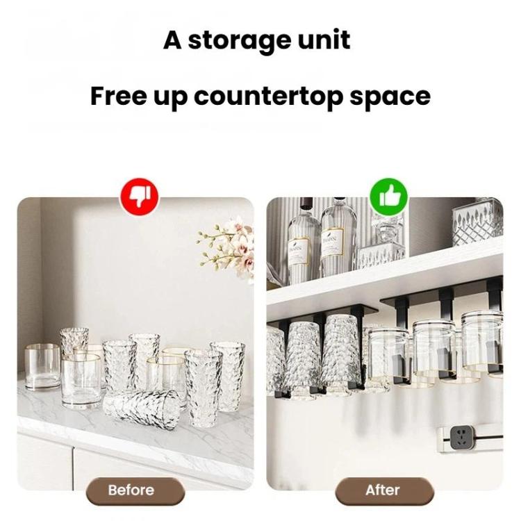 Under-cabinet inverted cup holder rack displayed freeing counter space