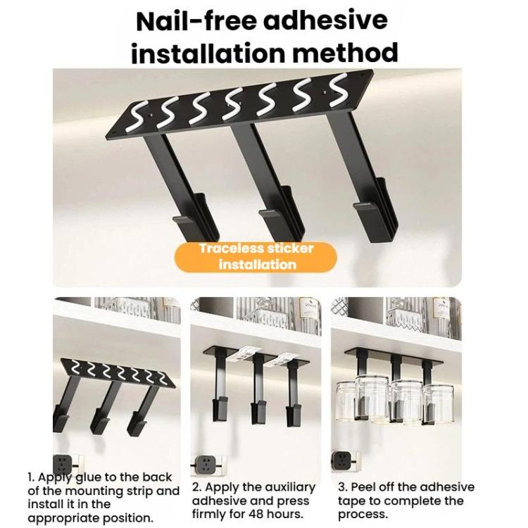 Black under-cabinet cup rack with adhesive mounting pads and angled holder arms