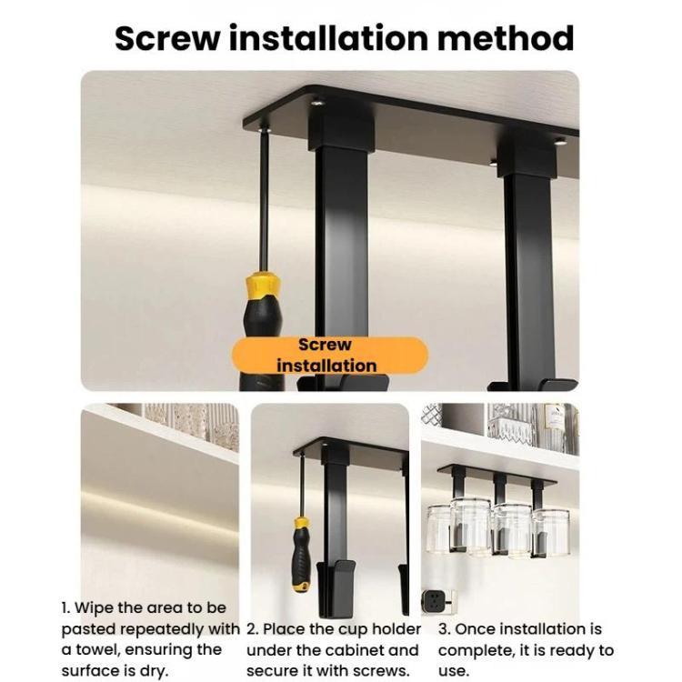 Black under-cabinet cup rack installed with screws, showing holder arms
