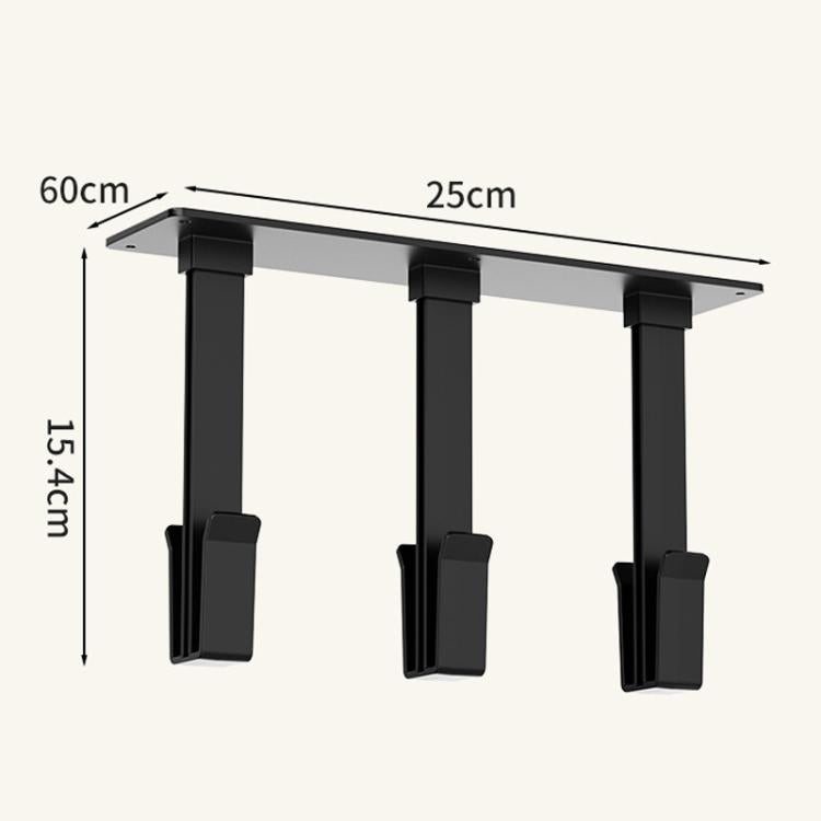 Black hanging cup rack with three upside-down glass holders on a horizontal bar