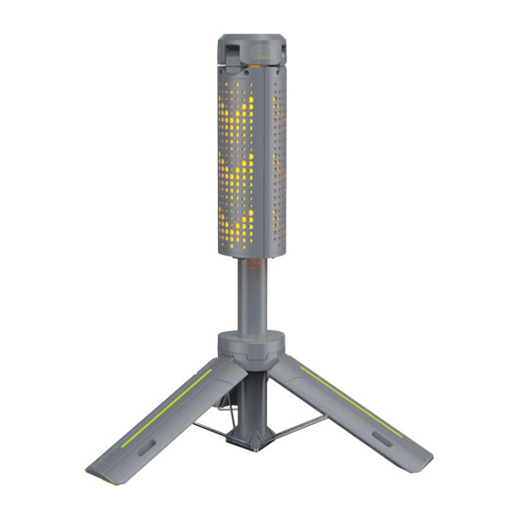 Outdoor folding LED camping lamp with cylindrical light body and three tripod legs