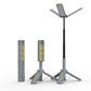 Portable folding LED camping lamp with three hinged blades extended on tripod base