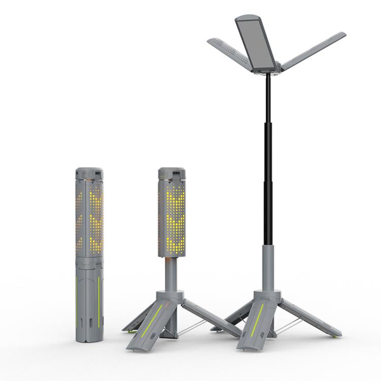 Portable folding LED camping lamp with three hinged blades extended on tripod base