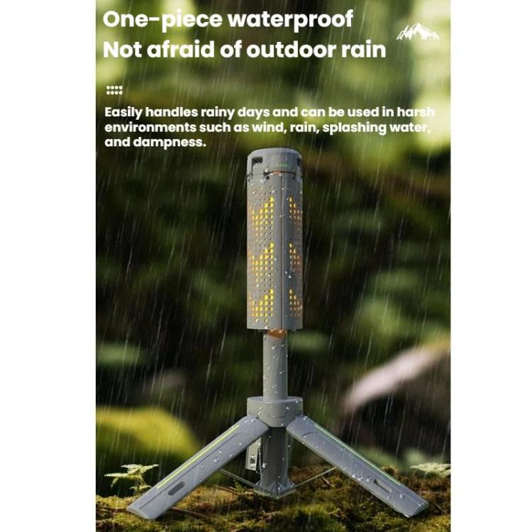Portable folding LED camping lamp standing on tripod legs with LED light grid visible