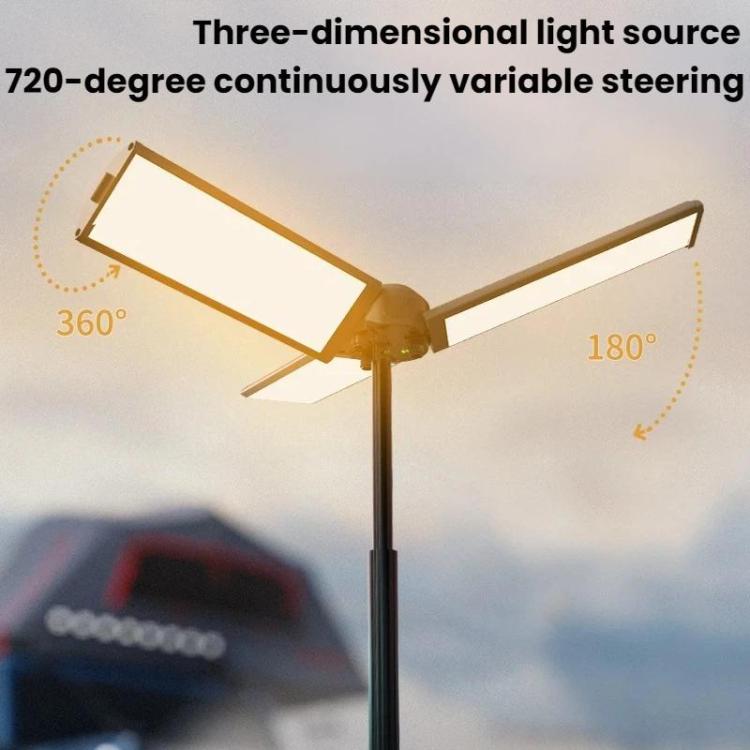 720-degree rotating folding LED camping lamp with three hinged blades on central pole