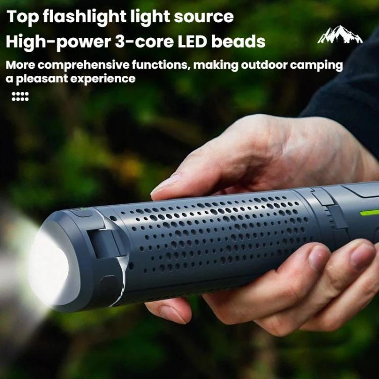 Handheld flashlight-style LED camping lamp with vented grille and side indicator light