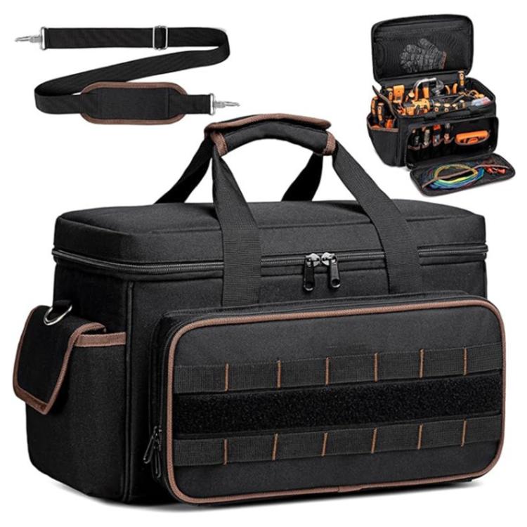 Black tool bag with brown trim, front zipper organizer and adjustable shoulder strap