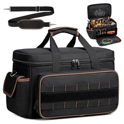 Black tool bag with brown trim, front zipper organizer and adjustable shoulder strap