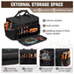 Black tool bag with front webbing straps and interior pockets, open top organizer