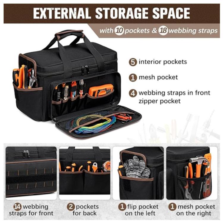 Black tool bag with front webbing straps and interior pockets, open top organizer