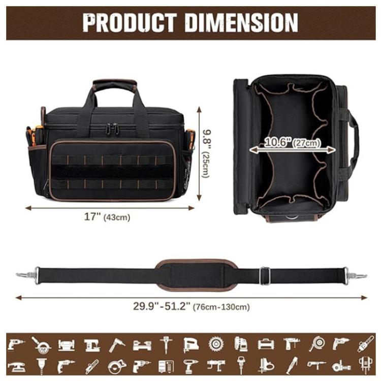 Rectangular black tool bag, 17-inch size, side handle and adjustable crossbody strap