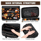 Open black tool bag with interior pockets and a visible mesh zipper organizer pocket
