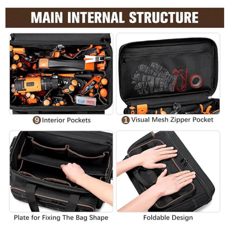 Open black tool bag with interior pockets and a visible mesh zipper organizer pocket
