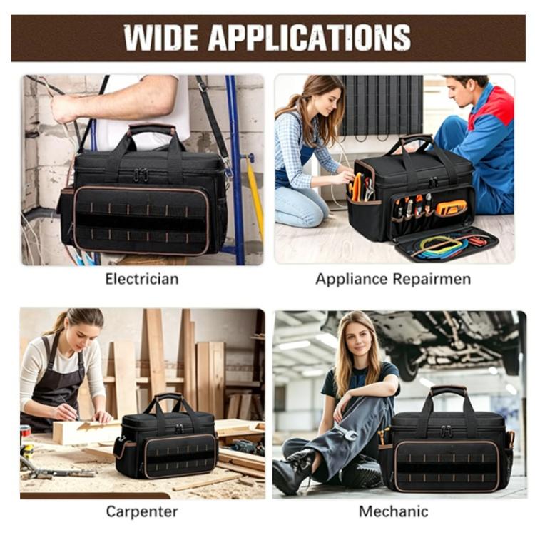 Black tool bag with front slots and wide handles, compact rectangular work organizer