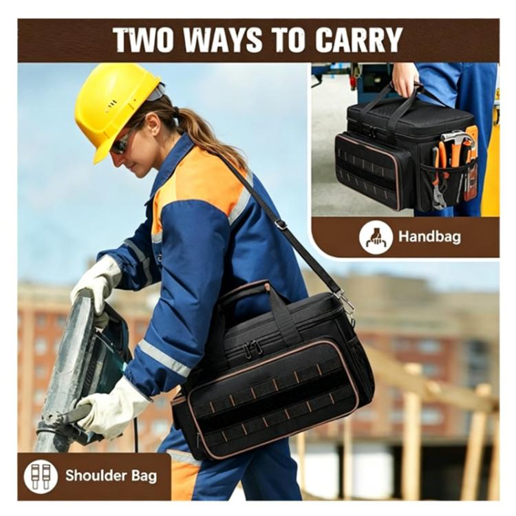 Black tool bag carried on the shoulder with a wide adjustable strap
