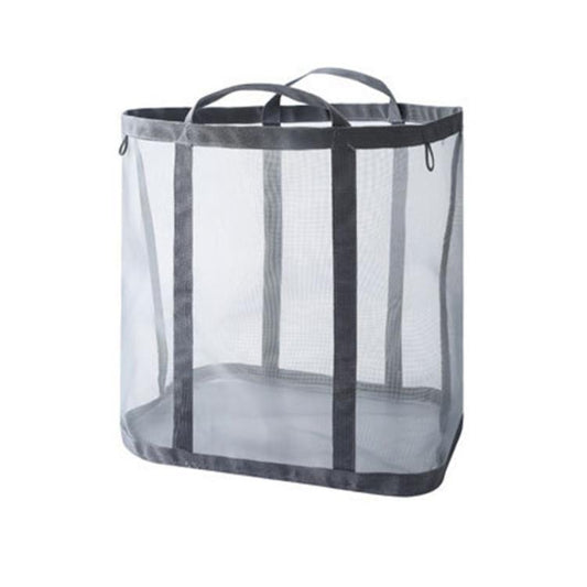 Gray mesh laundry basket with black vertical stripes and two carry handles