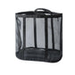 Black mesh laundry basket with gray vertical stripes and top carry handles