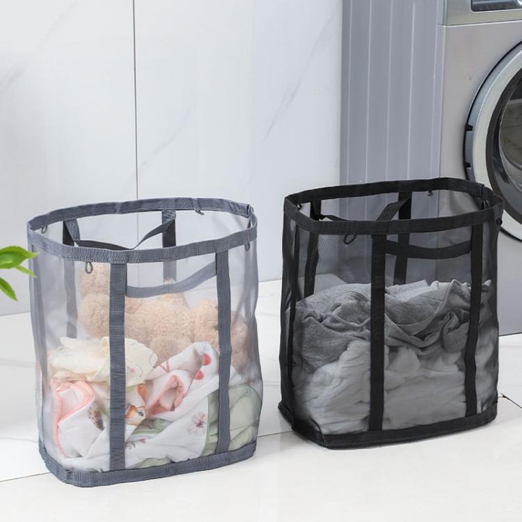 Foldable mesh laundry hamper set with two striped baskets for clothes storage