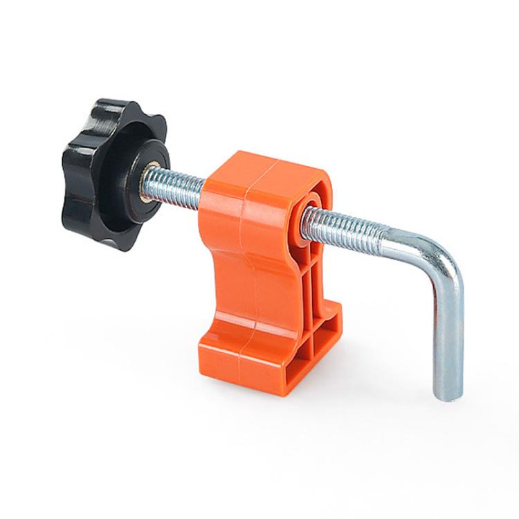 Right-angle woodworking positioner clamp with orange ABS body and steel screw