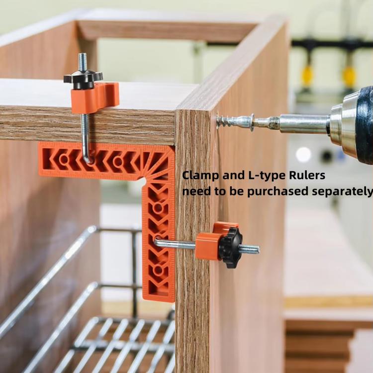 Right-angle clamp positioning on wooden boards with orange ABS block and screws