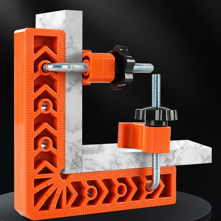 Right-angle clamp set with orange base, steel rods, and black locking knobs