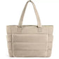 Khaki multi-compartment tote bag with padded front panel and two top handles