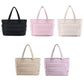 Multi-compartment tote bags shown in multiple colors: black, pink, beige, khaki, and more