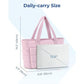 Pink multi-compartment tote bag with padded sides and a laptop-sized front compartment