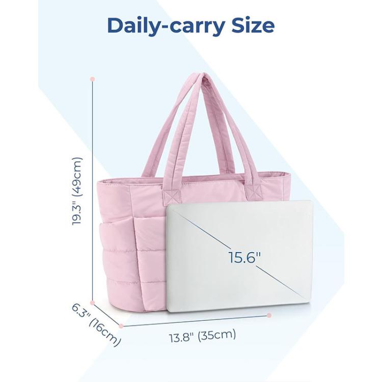 Pink multi-compartment tote bag with padded sides and a laptop-sized front compartment