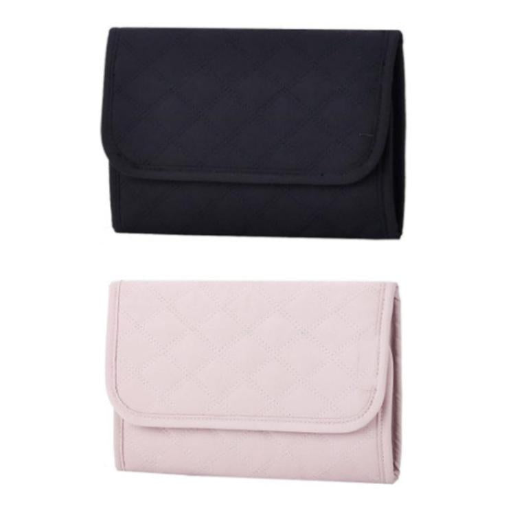 Folded faux-suede jewelry storage roll bag with snap top, dark and light pink