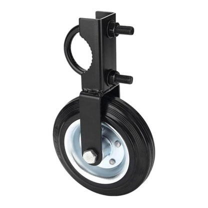 Heavy-duty gate caster wheel with black steel U-bolt bracket and solid rubber tire