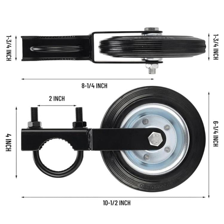 Adjustable gate caster wheel with U-bolt bracket and measuring-style width/height view