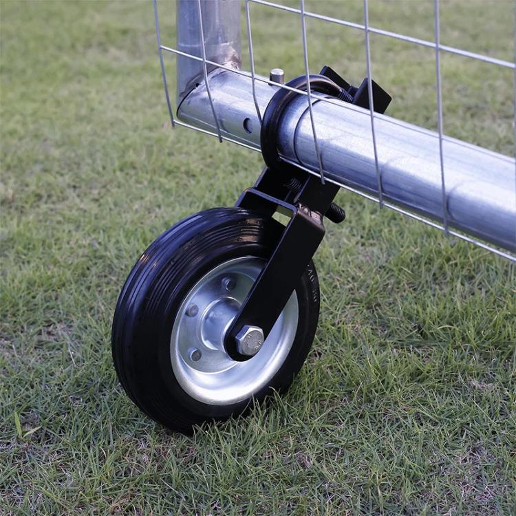 Gate wheel caster mounted on round metal pipe frame with black steel bracket