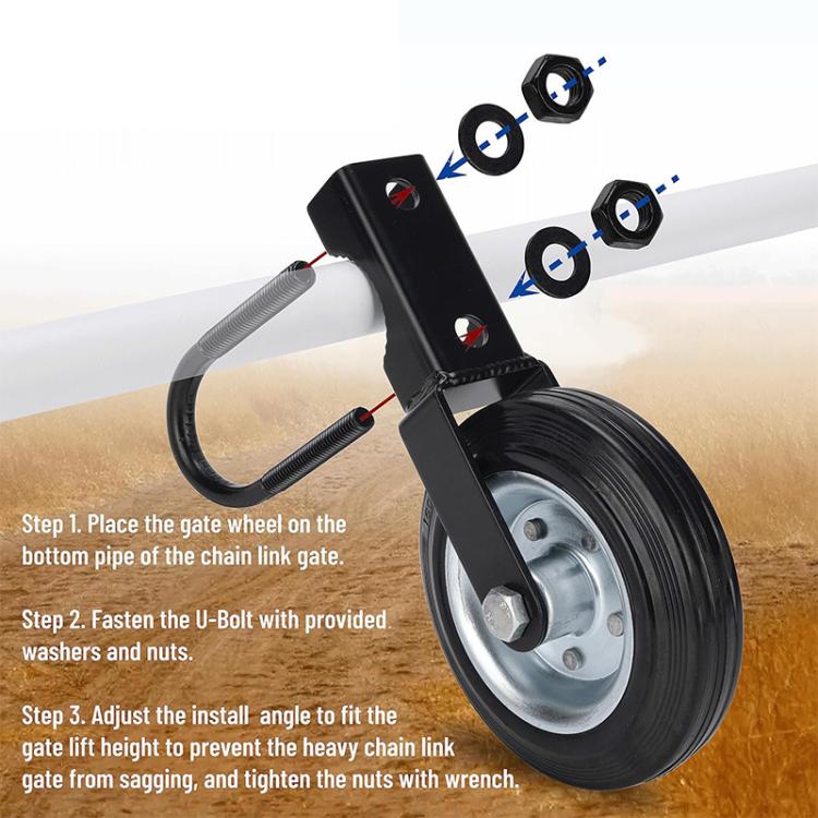 Gate caster wheel kit with U-bolt, washers, and nuts for attaching to frame