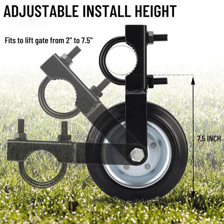 Adjustable-height gate caster wheel with black steel bracket and mounting hardware