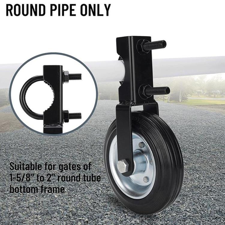 Caster wheel for round pipe frame with black U-bolt bracket and rubber wheel