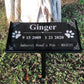 Black iron pet memorial nameplate stake with engraved text and paw print icons