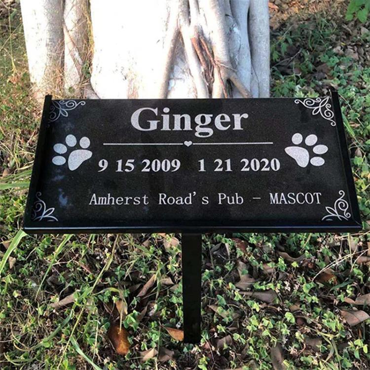 Black iron pet memorial nameplate stake with engraved text and paw print icons