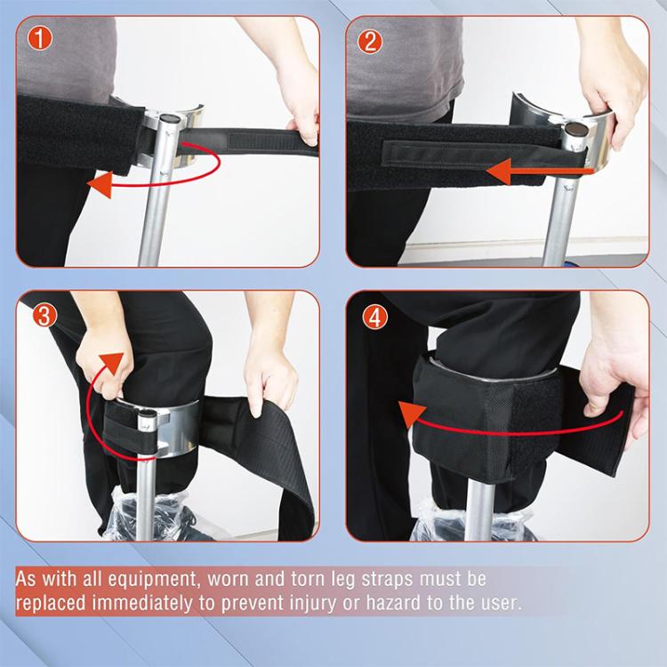 Adjustable stilt leg binding belt being fastened to a stilt support pole
