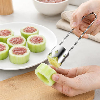 Stainless steel fruit corer tool with double handles, used to scoop melon cores