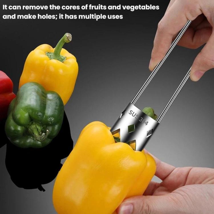 Stainless steel fruit and vegetable corer with two prongs for making center holes