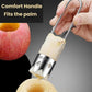 Stainless steel corer with rounded handles, shown cutting into an apple
