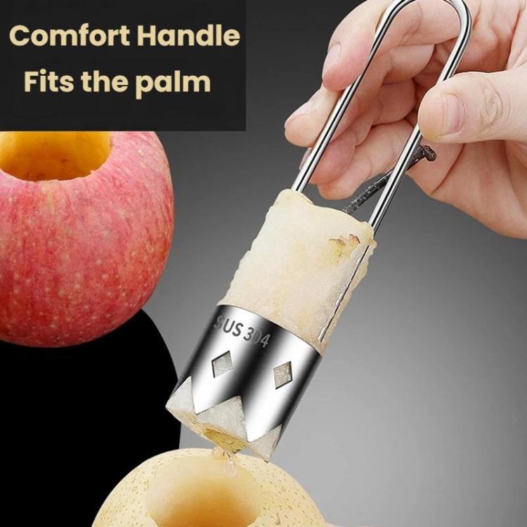 Stainless steel corer with rounded handles, shown cutting into an apple