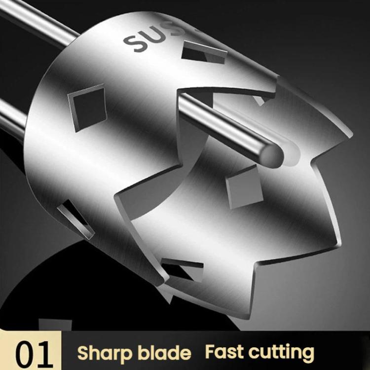 Close-up of stainless steel corer blade with cutout openings and two prongs