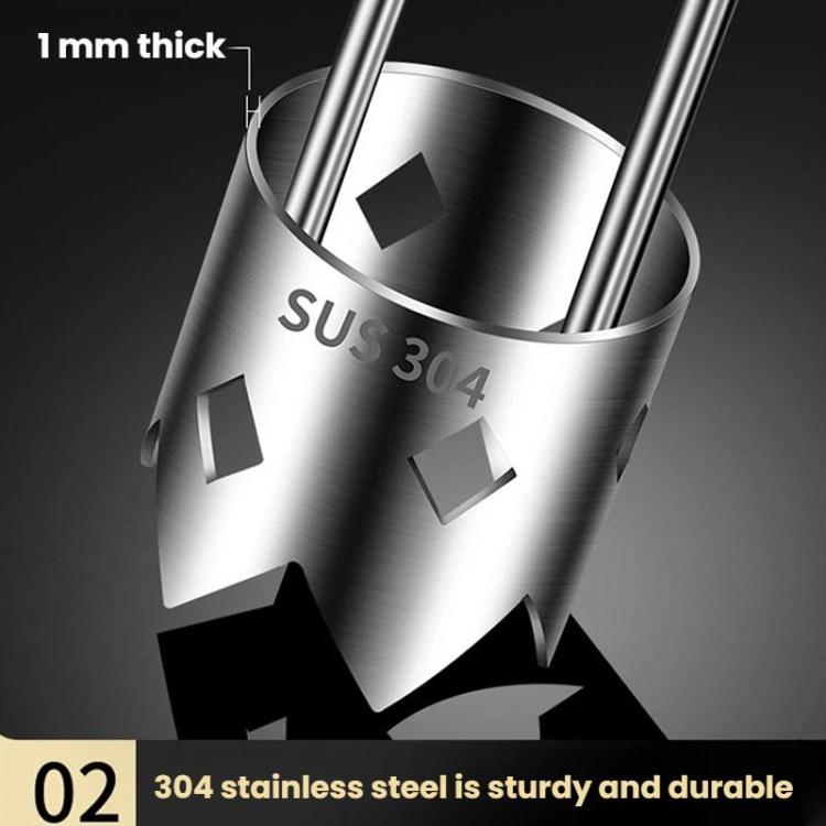 Stainless steel corer head close-up, labeled SUS304 with 1mm thick blade area